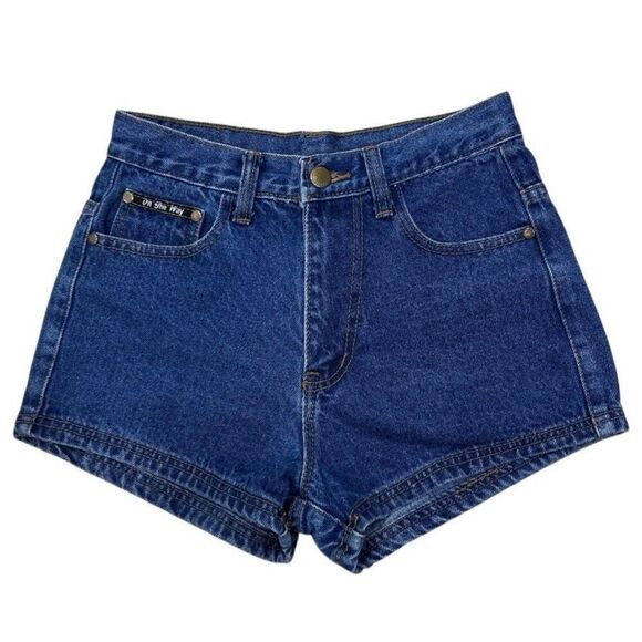 On The Way Denim Jean Shortie Shorts Women's Medium Blue High Waisted Zip Fly - Picture 1 of 10